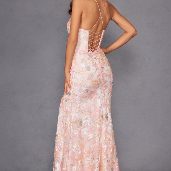 Floral print sequin formal dress. Prom party homecoming wedding guest long gown - Picture 3 of 7